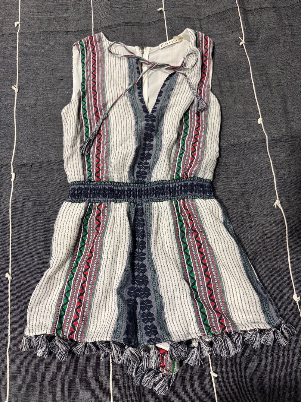 Womens Striped Tassel Romper Dress - White with Navy, Red & Green